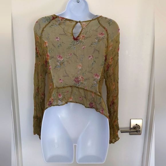 Zara Woman Olive Green rose print sheer sleeve and back blouse size M - Picture 6 of 7